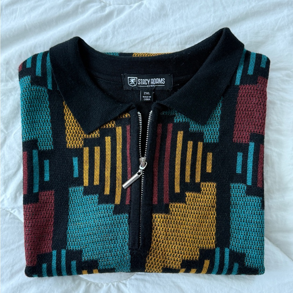 Stacy Adams Black and Red Zip Up Sweater with Geometric Design